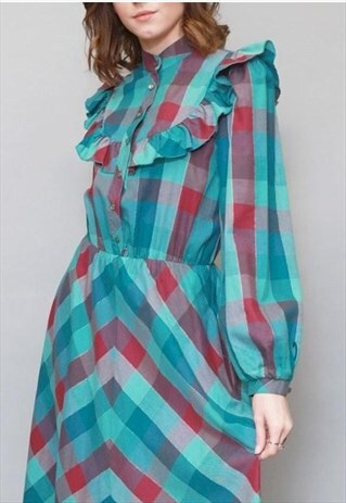 VINTAGE 1980'S CHECKERED TEAL/PINK RUFFLE MIDI DRESS
