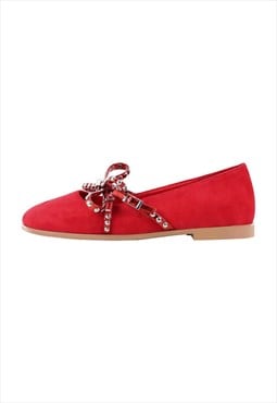 Rivet Bow Round Toe Buckle Strap Suede Flats