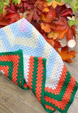 Vintage 70s Handmade Crochet Colourful Stripe Picnic Blanket