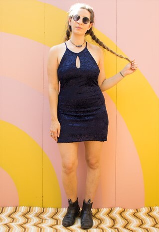 VINTAGE 90'S BLUE VELVET PATTERNED MINI DRESS