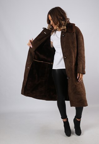 SHEEPSKIN SUEDE LEATHER SHEARLING COAT UK 12 - 14 (HJ2V)