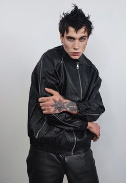 Faux leather utility jacket PU racing bomber zipper in black