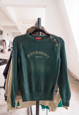 00s Burberry 1856 Embroidered Green Crew Neck Knit Jumper