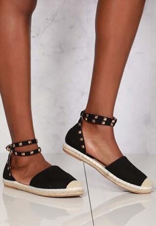 FLAT ANKLESTRAP ESPADRILL SHOE IN BLACK SUEDE