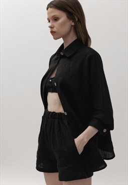 Linen shorts women in black colour