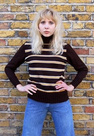 VINTAGE 70S BROWN STRIPE TURTLE NECK JUMPER