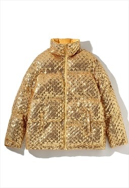 Metallic bomber jacket sequin embellished puffer in gold  