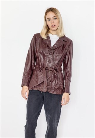 80S BIG SHOULDER LEATHER MAROON JACKET