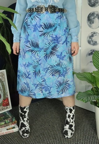 Vintage 90s Blue Floral Tropical Pattern Festival Midi Skirt