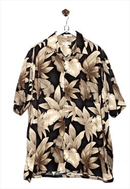 Vintage Pierre Cardin Hawaiian Shirt Leaves Pattern Grey/Bla