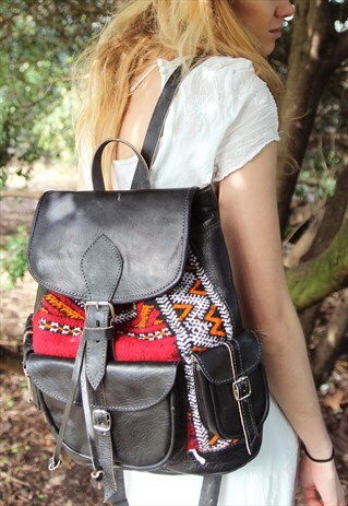 BLACK LEATHER AND CARPET RUCKSACK BACKPACK