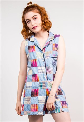 RETRO 90'S BLUE PATCHWORK CHECK PATTERN PLAYSUIT