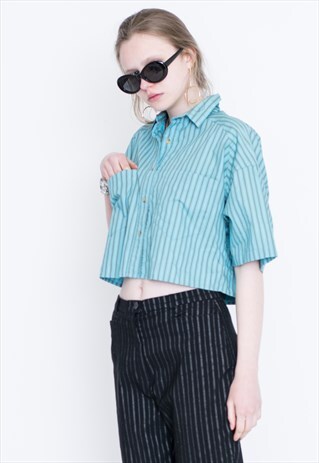 VINTAGE BLUE STRIPED SHORT SLEEVE RETRO CROP TOP SHIRT