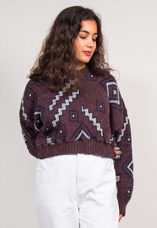 VINTAGE 90'S BURGUNDY PATTERNED CROPPED REWORK KNIT JUMPER