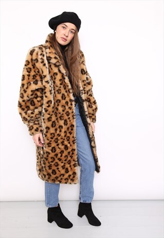 VINTAGE 80S LEOPARD PRINT FAUX FUR OVERSIZED COAT