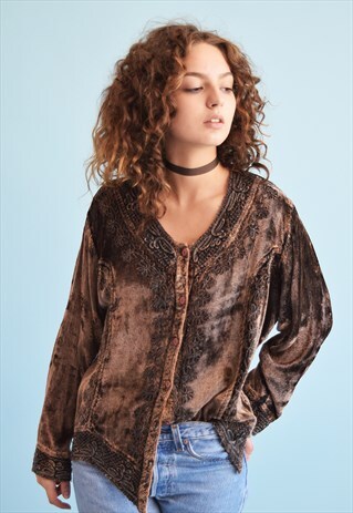 90'S RETRO GRUNGE VELVET EMBROIDERY MONOCHROME MOMS SHIRT