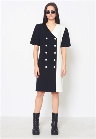 VINTAGE BLACK WHITE MERLYN DOUBLE BREASTED BLAZER MINI DRESS