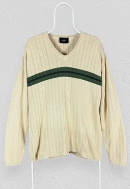 Vintage Next Beige Knit Jumper V Neck Green Mens Large