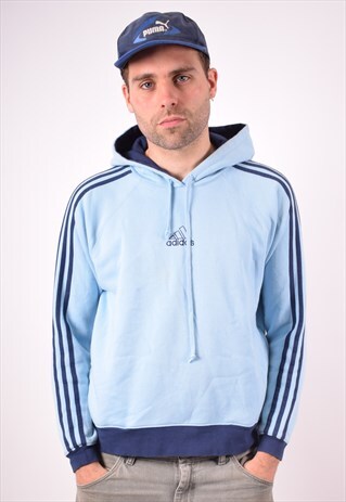 ADIDAS MENS VINTAGE HOODIE JUMPER LARGE BLUE 90S
