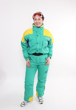 80s one piece ski suit, vintage multicolor snowsuit, retro 