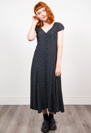 VINTAGE 90'S BLACK & WHITE POLKA DOT MIDI DRESS