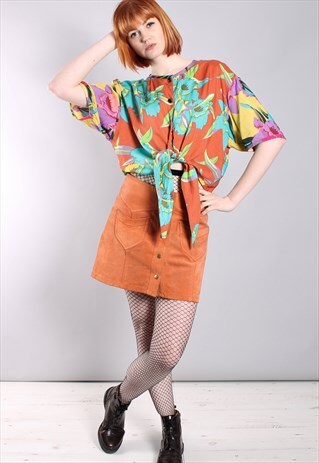 VINTAGE 90S BRIGHT FLORAL PATTERNED TIE UP BUTTON TOP
