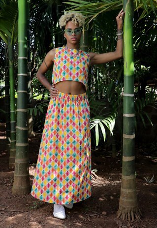 CAROLYN GREEN JENGA PRINT COTTON MAXI SKIRT WITH ELASTIC