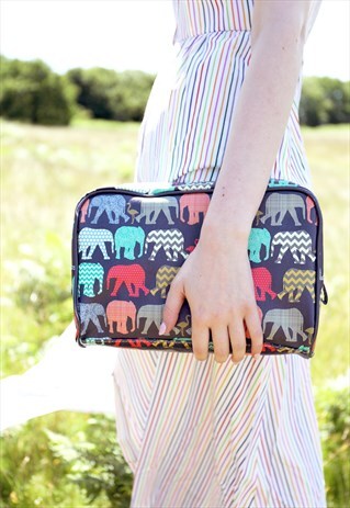 LARGE NAVY WOMENS TRAVEL WASH BAG WITH ELEPHANT PRINT