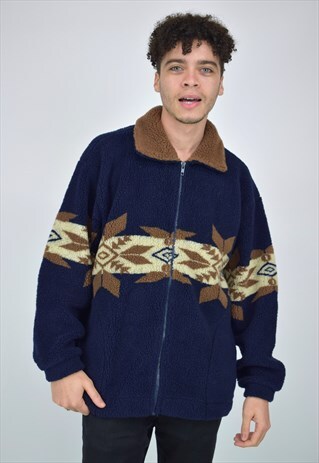 VINTAGE 90'S NAVY & BROWN PATTERNED ZIP-UP FLEECE