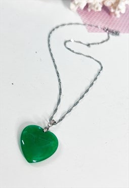 Y2K Jade Heart Necklace with Silver Chain