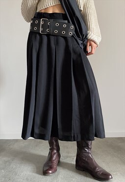 Vintage Y2K 00s wool pleated midi skirt in black