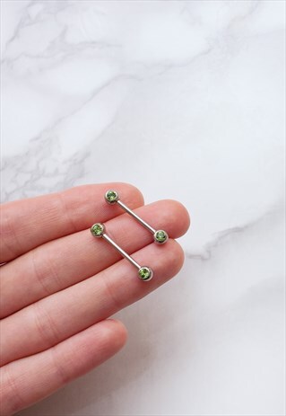 SURGICAL STEEL NIPPLE BAR SET OF 2 FORWARD GREEN GEM CRYSTAL