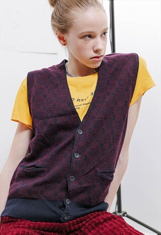 VINTAGE 90S BURGUNDY V NECK BUTTON UP UNISEX VEST XS
