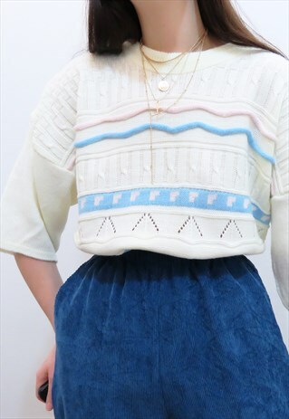 90S VINTAGE PINK & WHITE & BLUE PASTEL EMBROIDERED JUMPER
