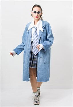 Vintage denim trench in blue chore jacket women oversized