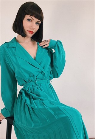 FUNKY BRIGHT TURQUOISE GREEN 80S SHIRT MIDI DRESS
