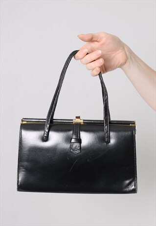 VINTAGE 60S BLACK SHINY LEATHER CLASP KELLY HANDBAG