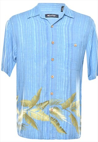 LEAF PRINT LIGHT BLUE & GREEN HAWAIIAN SHIRT - S
