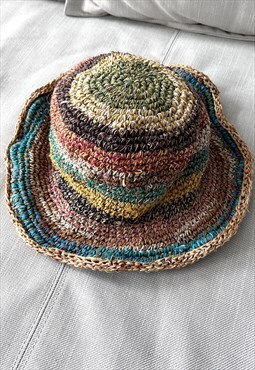 Vintage 70s Boho Straw bucket Hat 