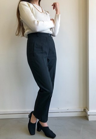 VINTAGE GREY STRIPY HIGH WAIST STRAIGHT LEG SUIT TROUSERS