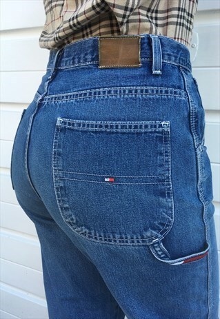 WOMENS VINTAGE 80S TOMMY HILFIGER JEANS BLUE SKATER TROUSERS
