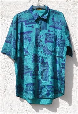 Deadstock 90s teal/blue boho printed button down shirt.