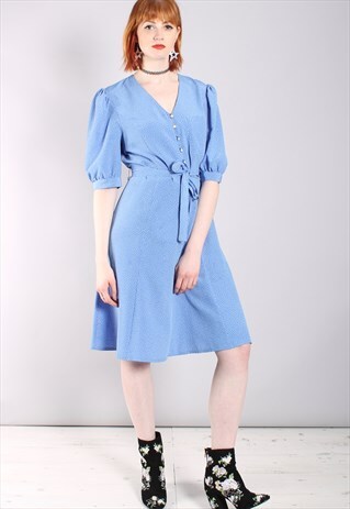 VINTAGE 80S POLKA DOT PUFF SLEEVE BUTTON TEA DRESS