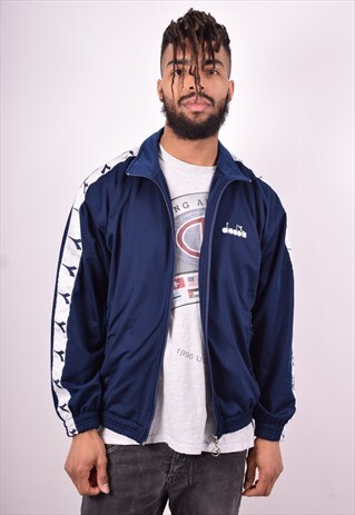 DIADORA MENS VINTAGE TRACKSUIT TOP JACKET MEDIUM BLUE 90'S