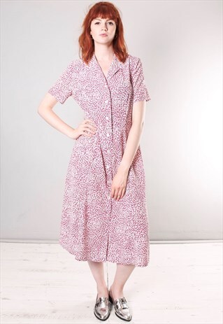 VINTAGE 80S DARK PINK PATTERN BUTTON THROUGH MIDI DRESS