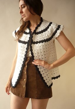 1970's Vintage Chunky Knitted White Crochet Cardigan