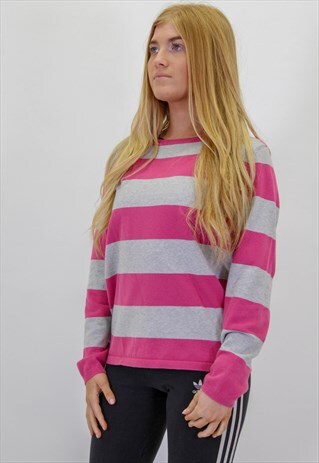 VINTAGE TOMMY HILFIGER STRIPED JUMPER IN PINK AND GREY LARGE