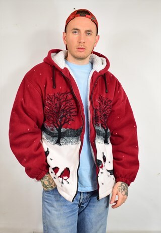 VINTAGE 90S BIRD NATURE PRINT FLEECE HOODED JACKET