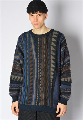 VINTAGE 90S NAVY BLUE BROWN GRUNGE WOOL BLEND JUMPER