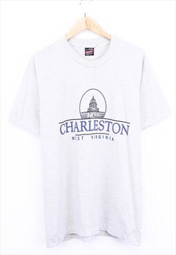 Vintage Charleston T Shirt Grey Marl With Spell Out 90s